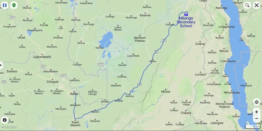 Ndola to Isoka-Milongo Map